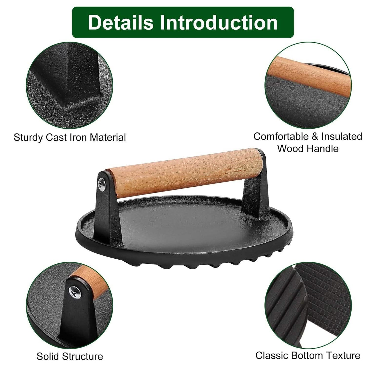 2-Pieces: Cast Iron Grill Press Pre-Seasoned Steak Weights Smash Burger Press