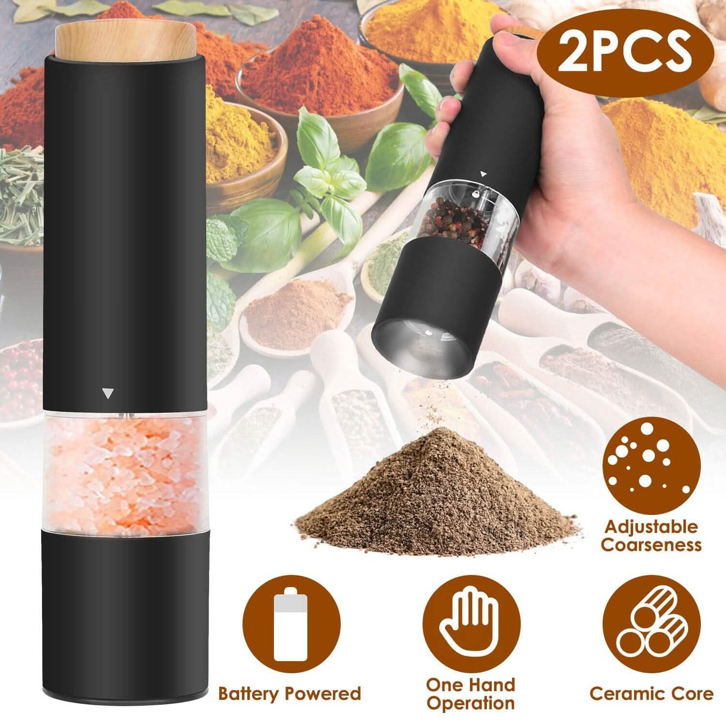 2-Pieces: Electric Salt and Pepper Grinder Battery Powered with Adjustable Coarseness