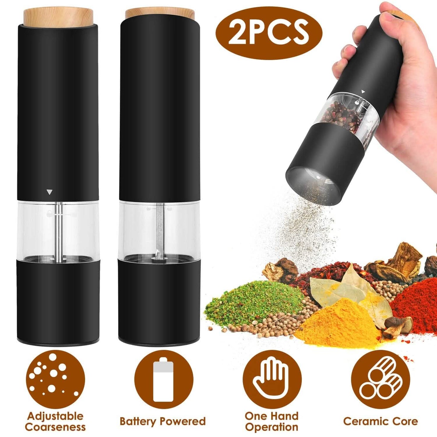 2-Pieces: Electric Salt and Pepper Grinder Battery Powered with Adjustable Coarseness