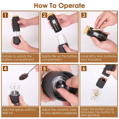2-Pieces: Electric Salt and Pepper Grinder Battery Powered with Adjustable Coarseness