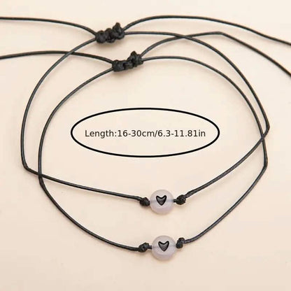 2-Pieces: Luminous Flat Round Shape Beads Braided Bracelet with Heart Shape Pattern