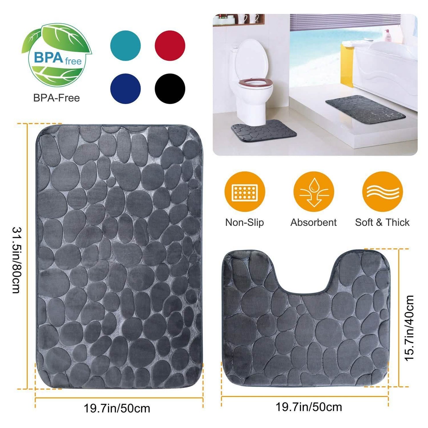 2-Pieces Set: Bathroom Rugs Luxury Flannel Non-Slip