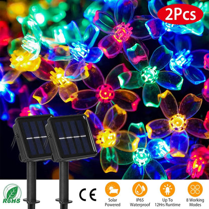 2-Pieces: Solar Power String Lights 50 LED Beads Fairy Sakura Flower