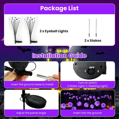 2-Pieces: Solar Scary Eyeball Lights Halloween Decoration Swaying Light