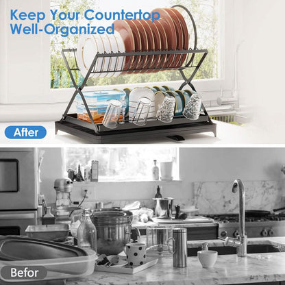 2-Tier Dish Drying Rack with Cup Holder and Drainboard