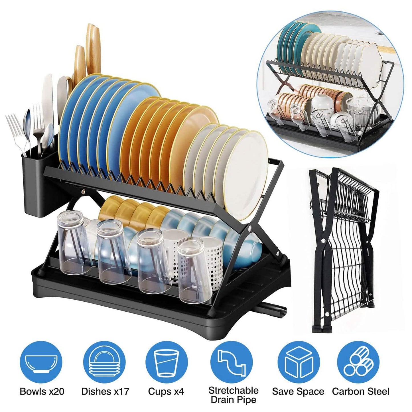 2-Tier Dish Drying Rack with Cup Holder and Drainboard