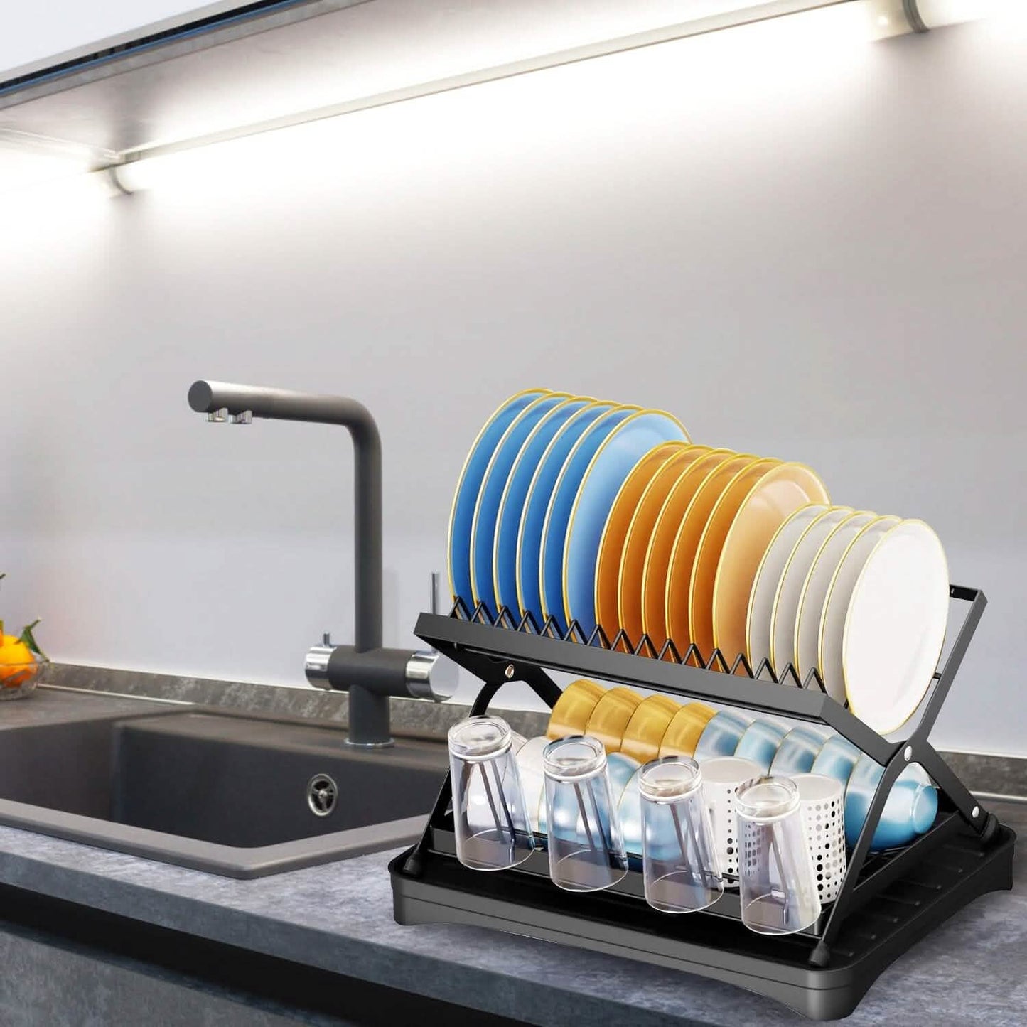 2-Tier Dish Drying Rack with Cup Holder and Drainboard