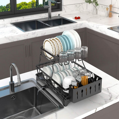 2-Tier Dish Rack Drainer Organizer Set with Utensil Cup Holder Rack Swivel Spout