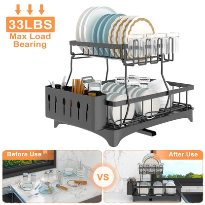 2-Tier Dish Rack Drainer Organizer Set with Utensil Cup Holder Rack Swivel Spout