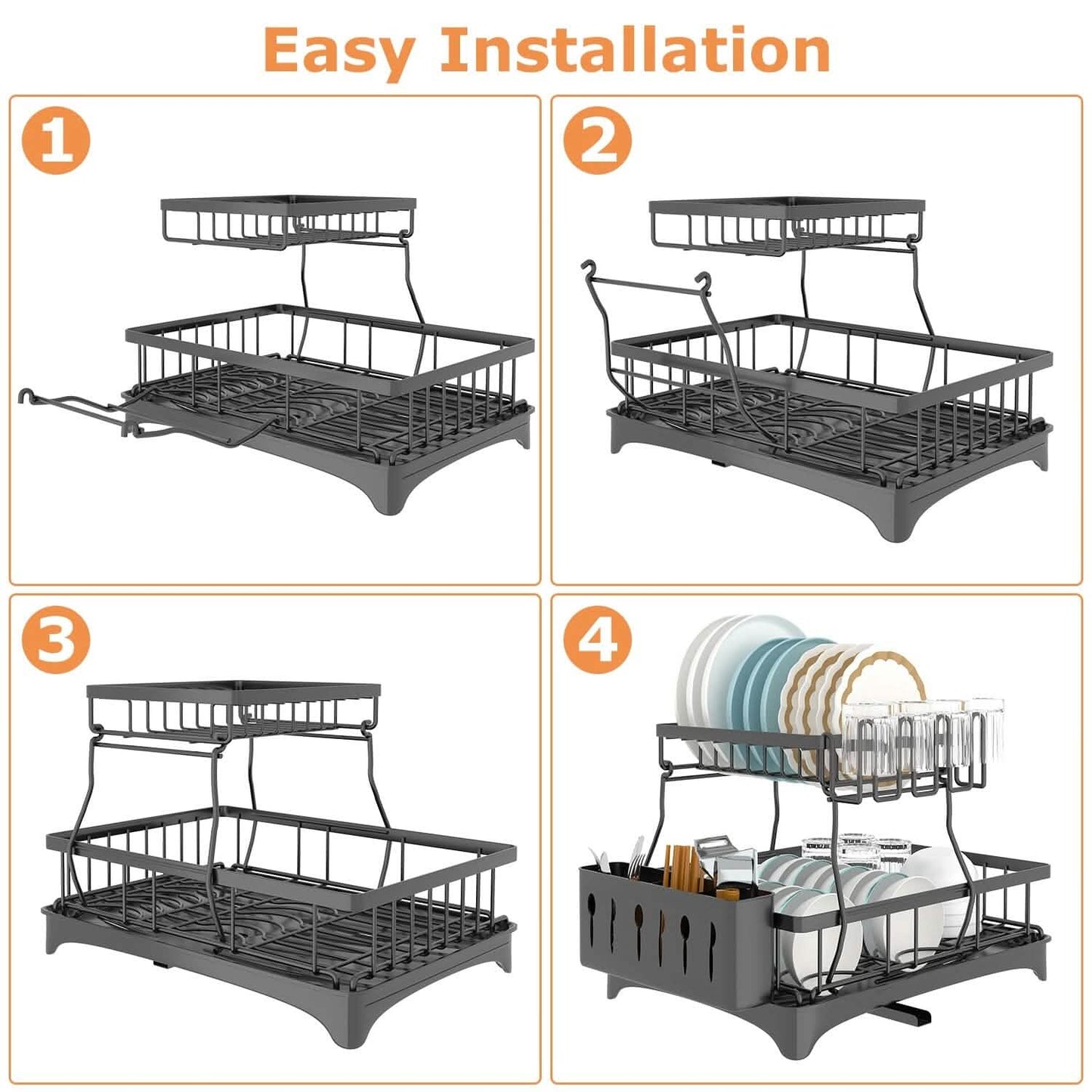 2-Tier Dish Rack Drainer Organizer Set with Utensil Cup Holder Rack Swivel Spout