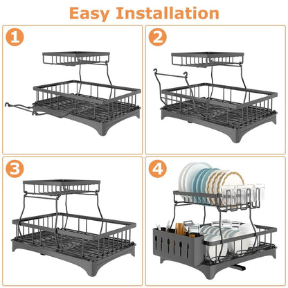 2-Tier Dish Rack Drainer Organizer Set with Utensil Cup Holder Rack Swivel Spout