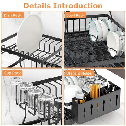 2-Tier Dish Rack Drainer Organizer Set with Utensil Cup Holder Rack Swivel Spout