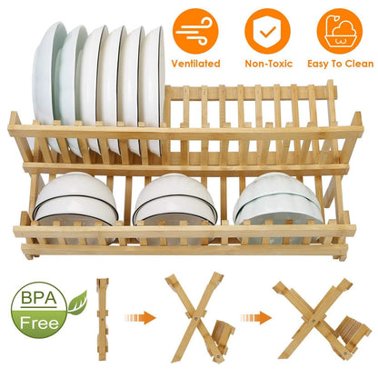 2-Tier Foldable Bamboo Dish Drying Rack