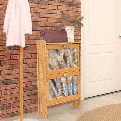 2-Tier Shoe Cabinet with 2 Flip Drawers Slim Bamboo Rack Narrow Shoe Organizer