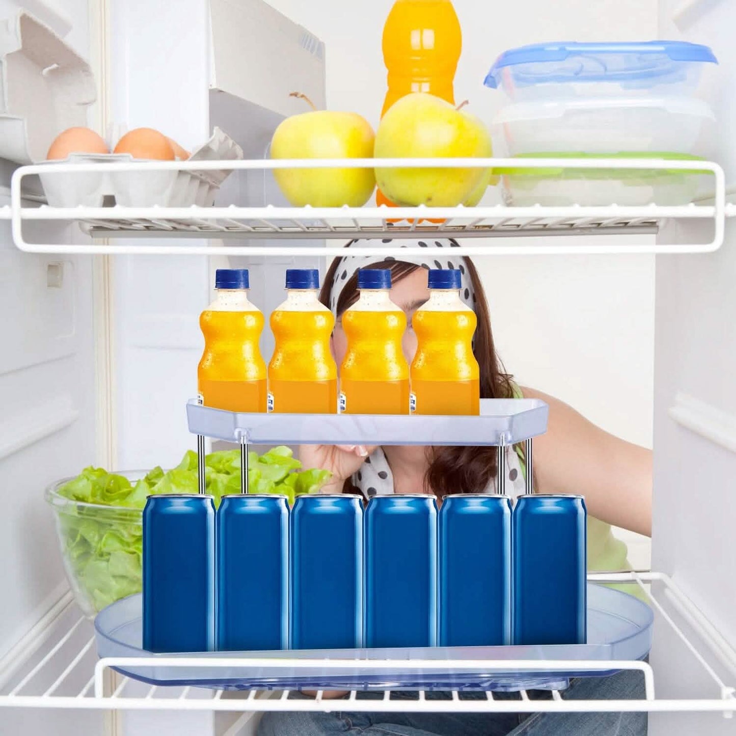 2-Tier Turntable Organizer Rectangular Refrigerator Spinner Storage Rack with 360° Rotatable Slide Rail