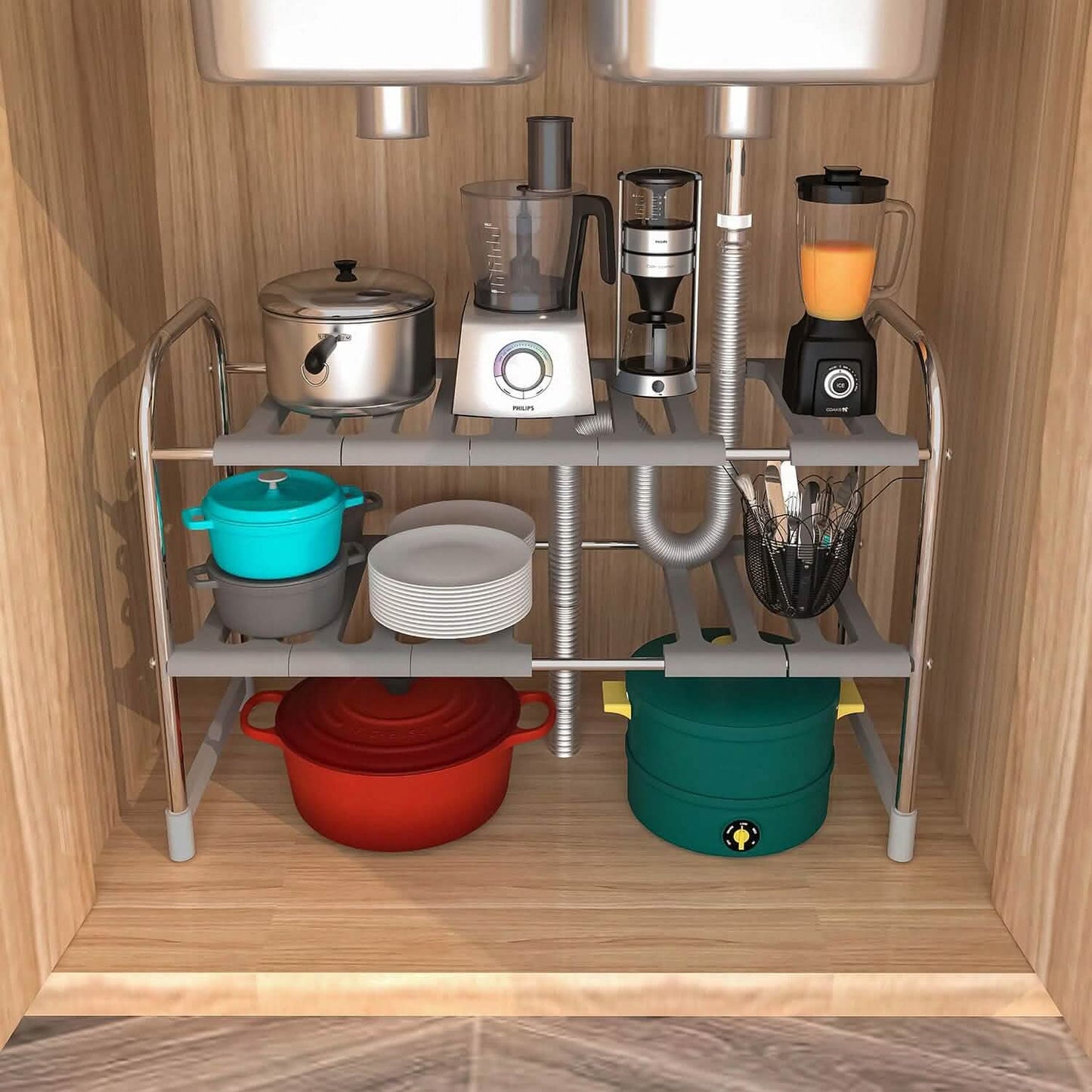 2-Tier Under Sink Organizer Retractable Kitchen Rack Holder