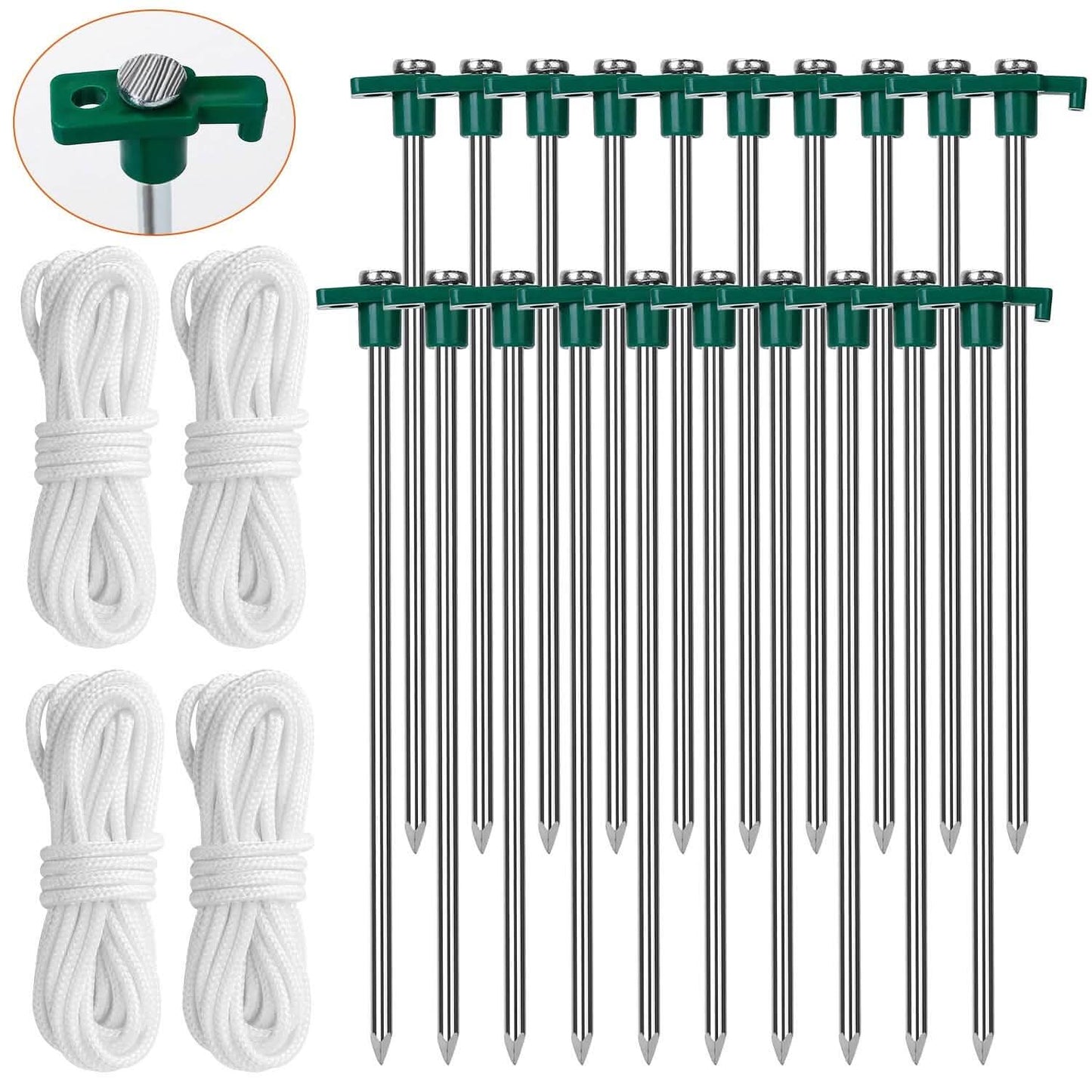 20-Piece: 9.8-Inch Tent Pegs Ropes Set