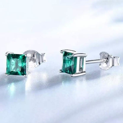 2.00 CTTW Sterling Silver Emerald Princess Cut Studs