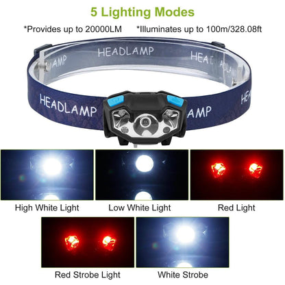 20000LM LED Headlamp USB Rechargeable Wave Motion Sensor Headlight