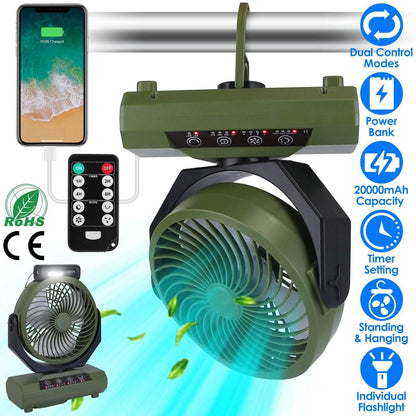 20000mAh Rechargeable Oscillating Camping Fan with Flashlight Hanging Hook Remote Control