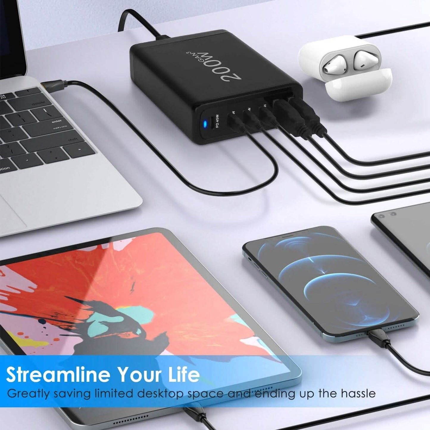 200W Fast Wall Charger with 6 Charging Ports Desktop USB Charging Station