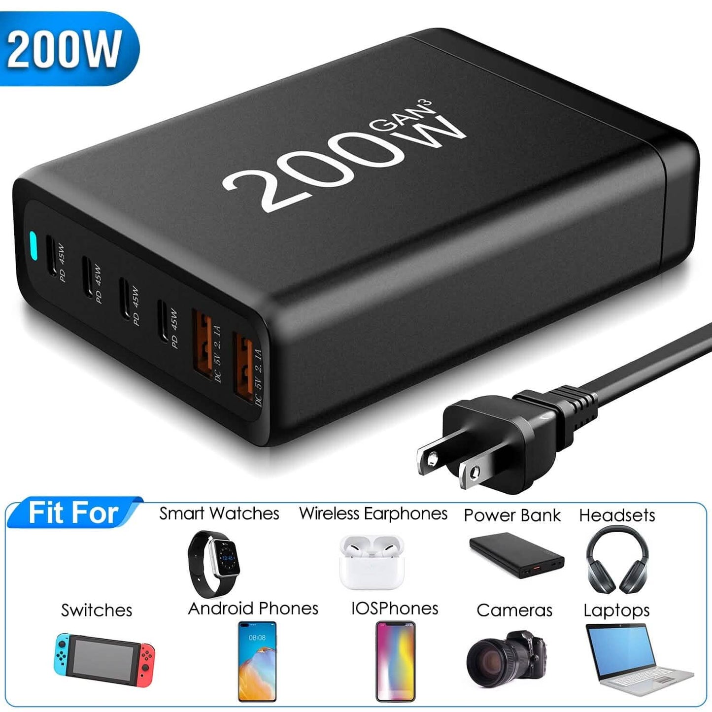 200W Fast Wall Charger with 6 Charging Ports Desktop USB Charging Station