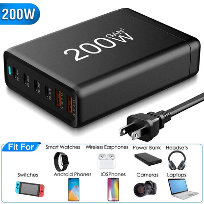 200W Fast Wall Charger with 6 Charging Ports Desktop USB Charging Station