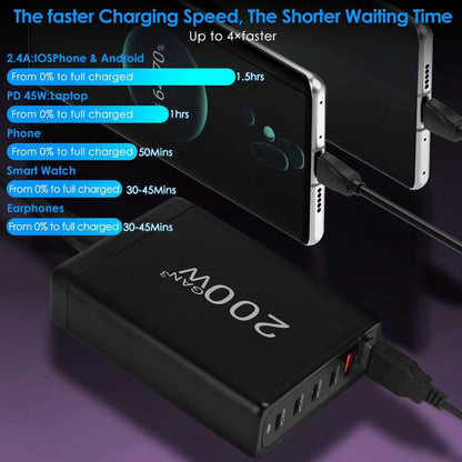 200W Fast Wall Charger with 6 Charging Ports Desktop USB Charging Station
