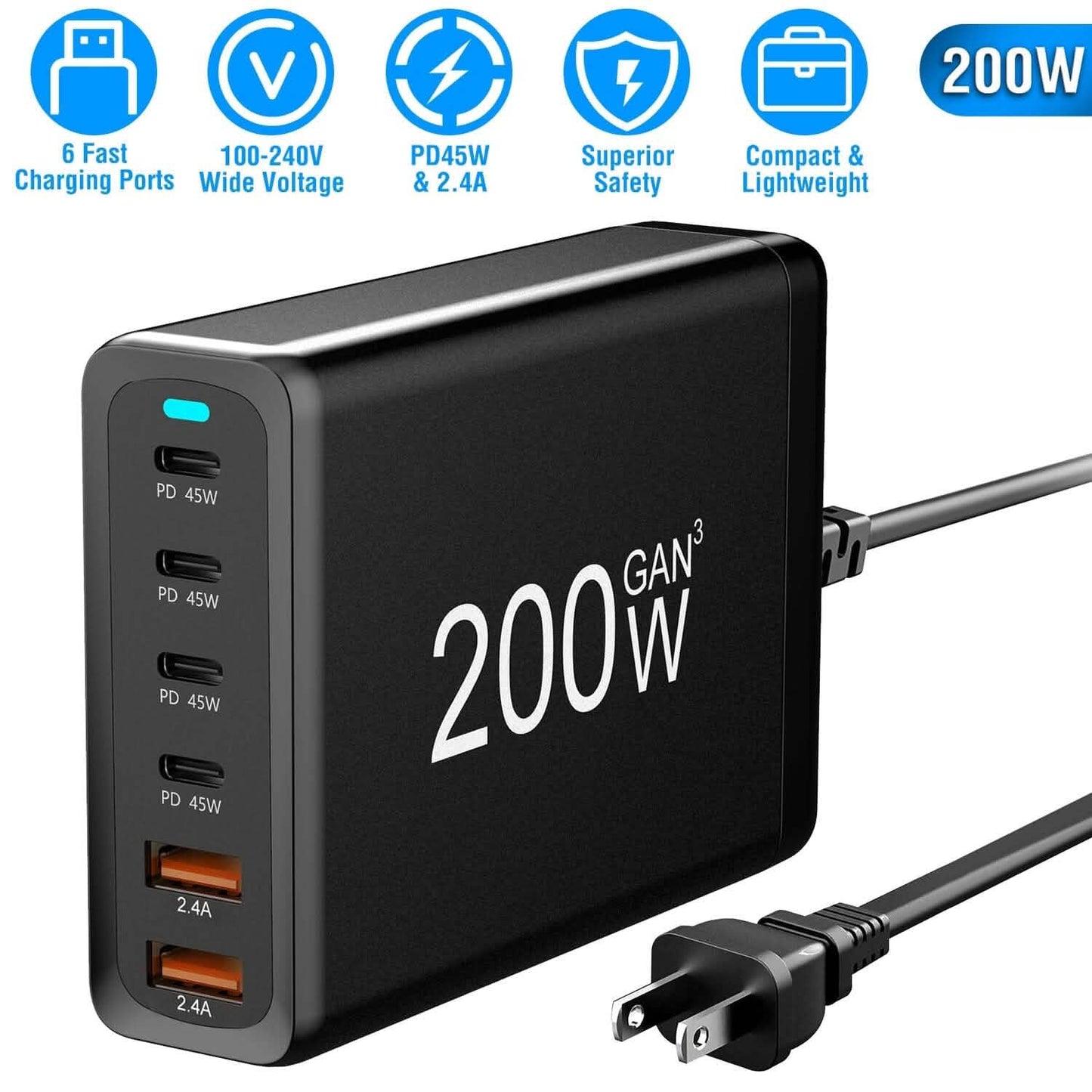 200W Fast Wall Charger with 6 Charging Ports Desktop USB Charging Station