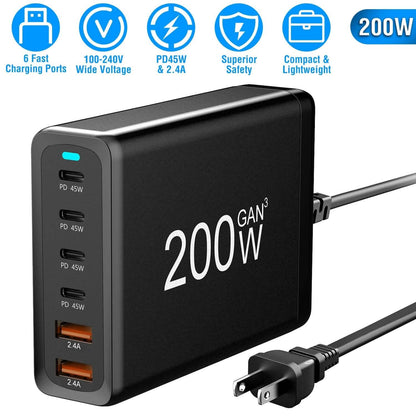 200W Fast Wall Charger with 6 Charging Ports Desktop USB Charging Station