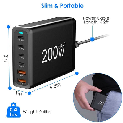 200W Fast Wall Charger with 6 Charging Ports Desktop USB Charging Station