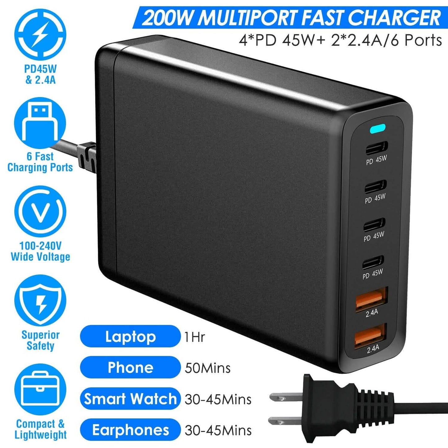200W Fast Wall Charger with 6 Charging Ports Desktop USB Charging Station