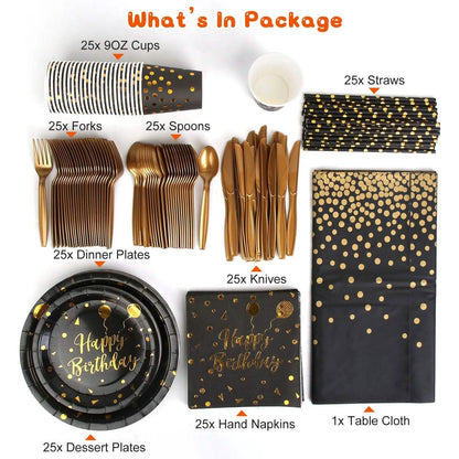 201 Pieces: Black Gold Disposable Dinnerware Set