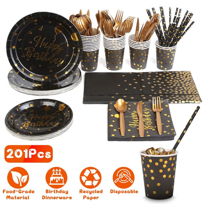 201 Pieces: Black Gold Disposable Dinnerware Set