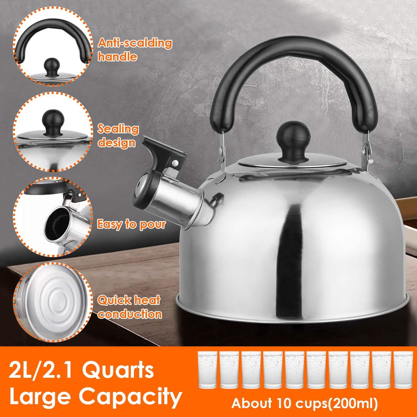 2.1 Quarts Stainless Steel Whistling Tea Kettle Stovetop Induction Gas Teapot