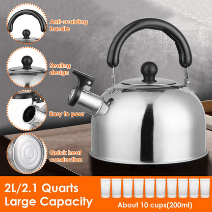 2.1 Quarts Stainless Steel Whistling Tea Kettle Stovetop Induction Gas Teapot