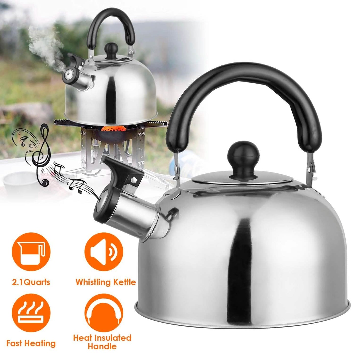 2.1 Quarts Stainless Steel Whistling Tea Kettle Stovetop Induction Gas Teapot