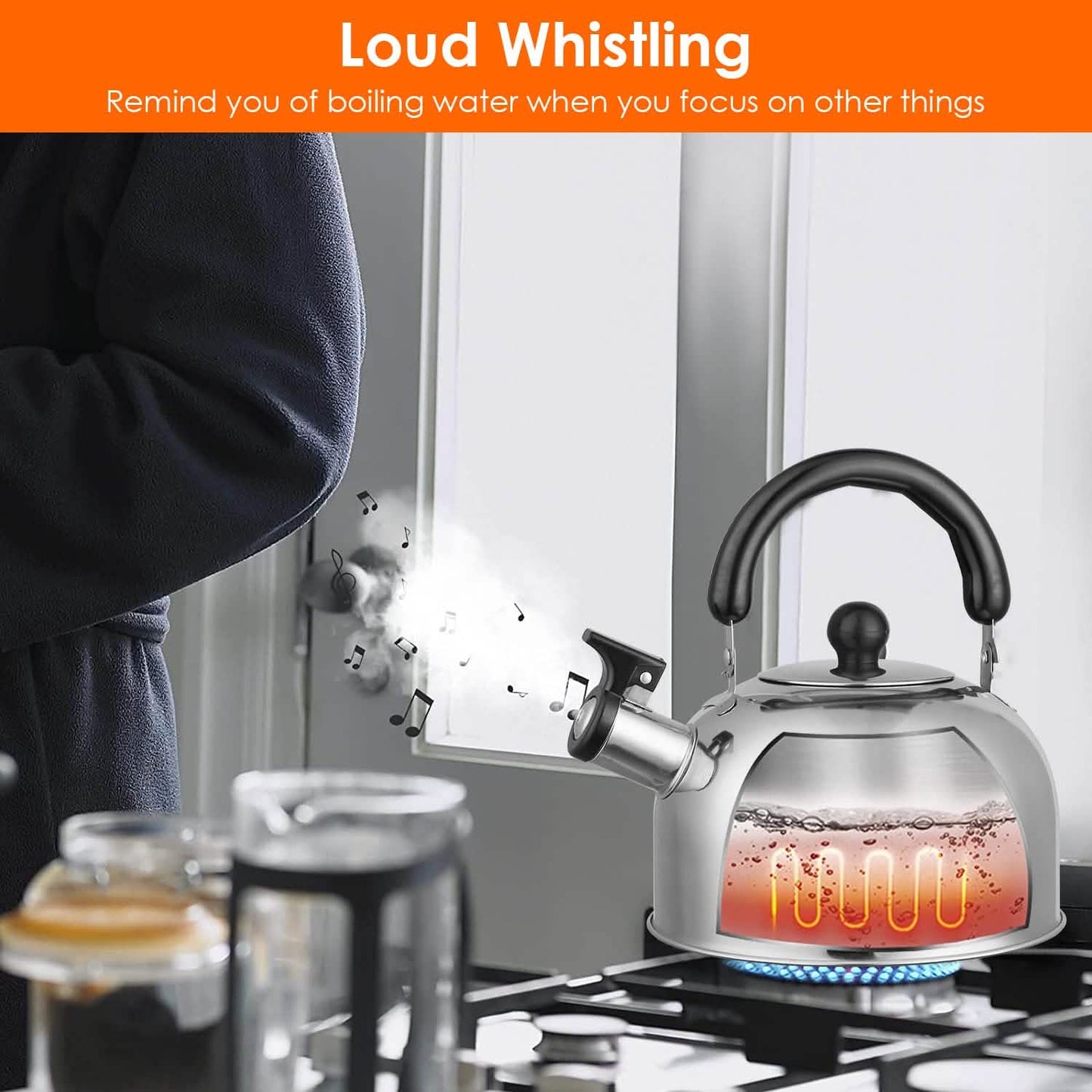 2.1 Quarts Stainless Steel Whistling Tea Kettle Stovetop Induction Gas Teapot