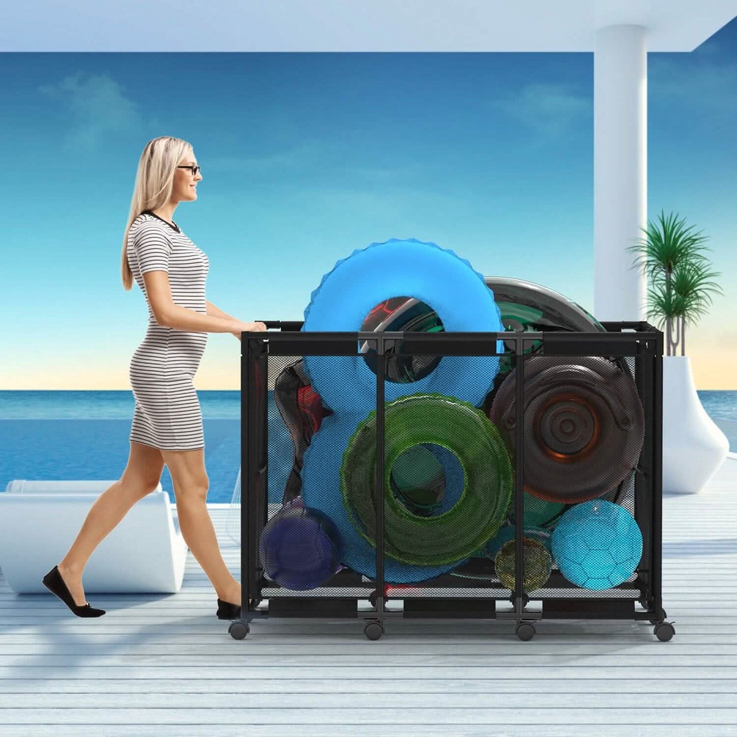 210 Gallon Pool Storage Bin Organizer Rolling Mesh Storage Basket with Lockable Wheels