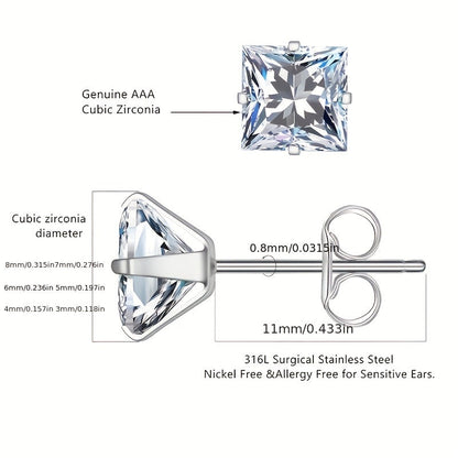 316 Stainless Steel Square Stud Earrings with Cubic Zirconia Accents