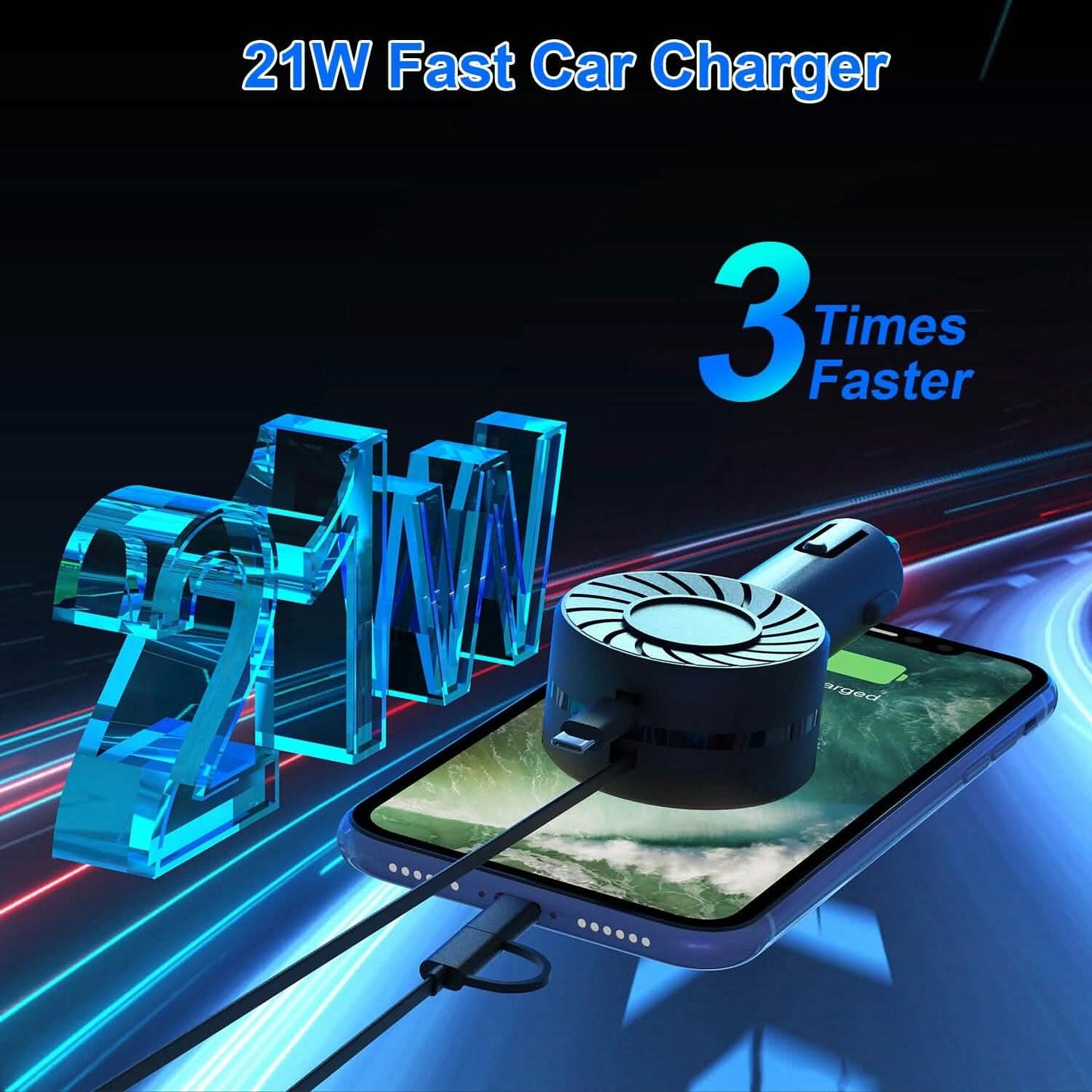 21W 3-in-1 Retractable Car Phone Charger