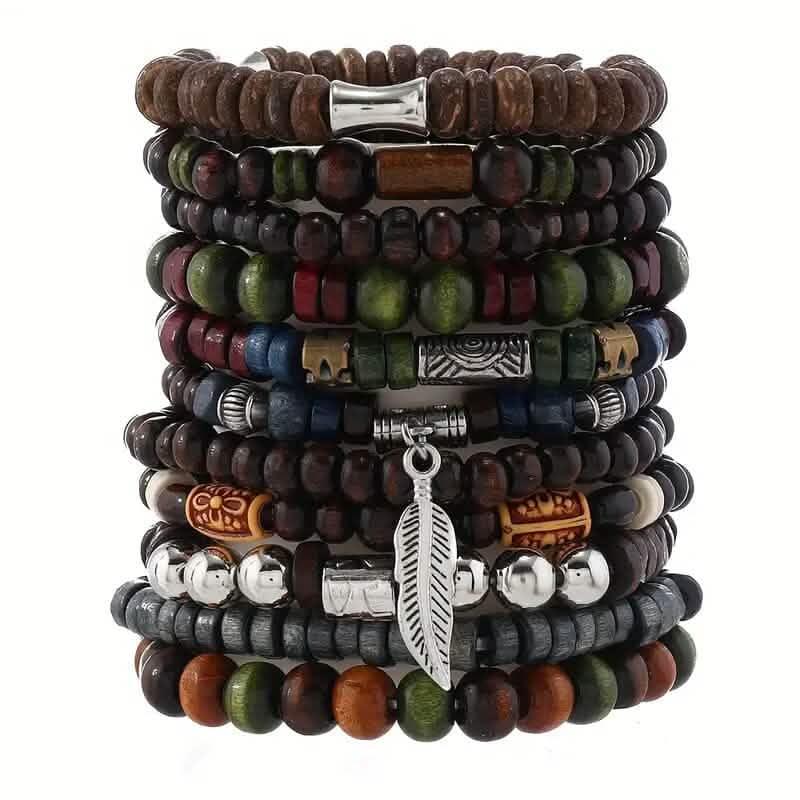 22-Pieces: Bohemian Vintage Wooden Beads Bracelet Set
