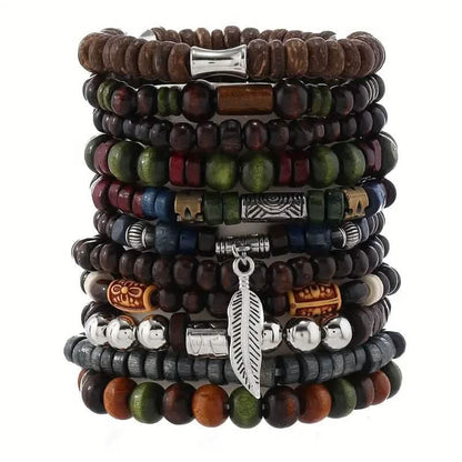 22-Pieces: Bohemian Vintage Wooden Beads Bracelet Set