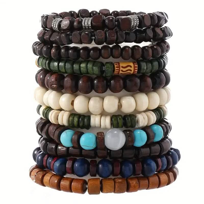 22-Pieces: Bohemian Vintage Wooden Beads Bracelet Set