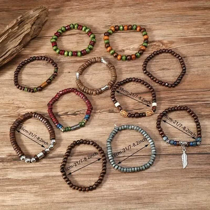 22-Pieces: Bohemian Vintage Wooden Beads Bracelet Set