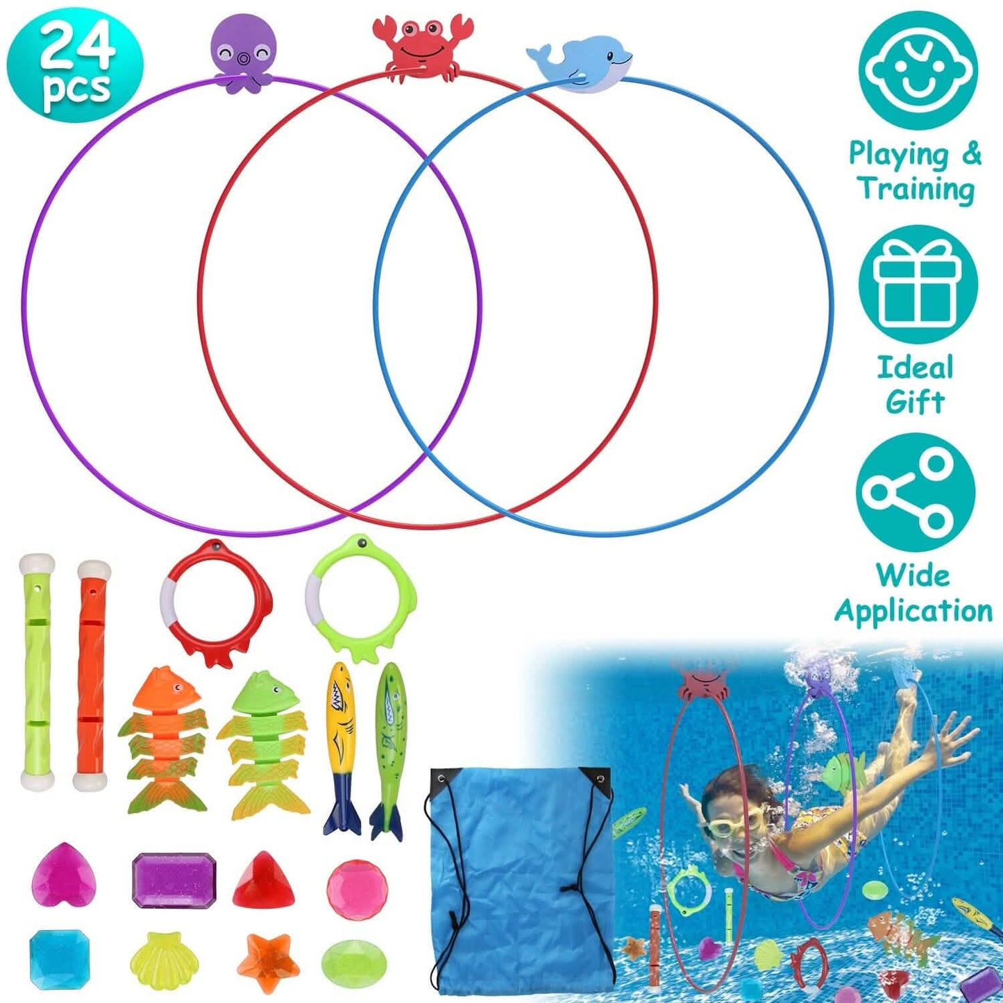 24-Pieces: Diving Toys Swimming Pool for Aged 3+ Years Old