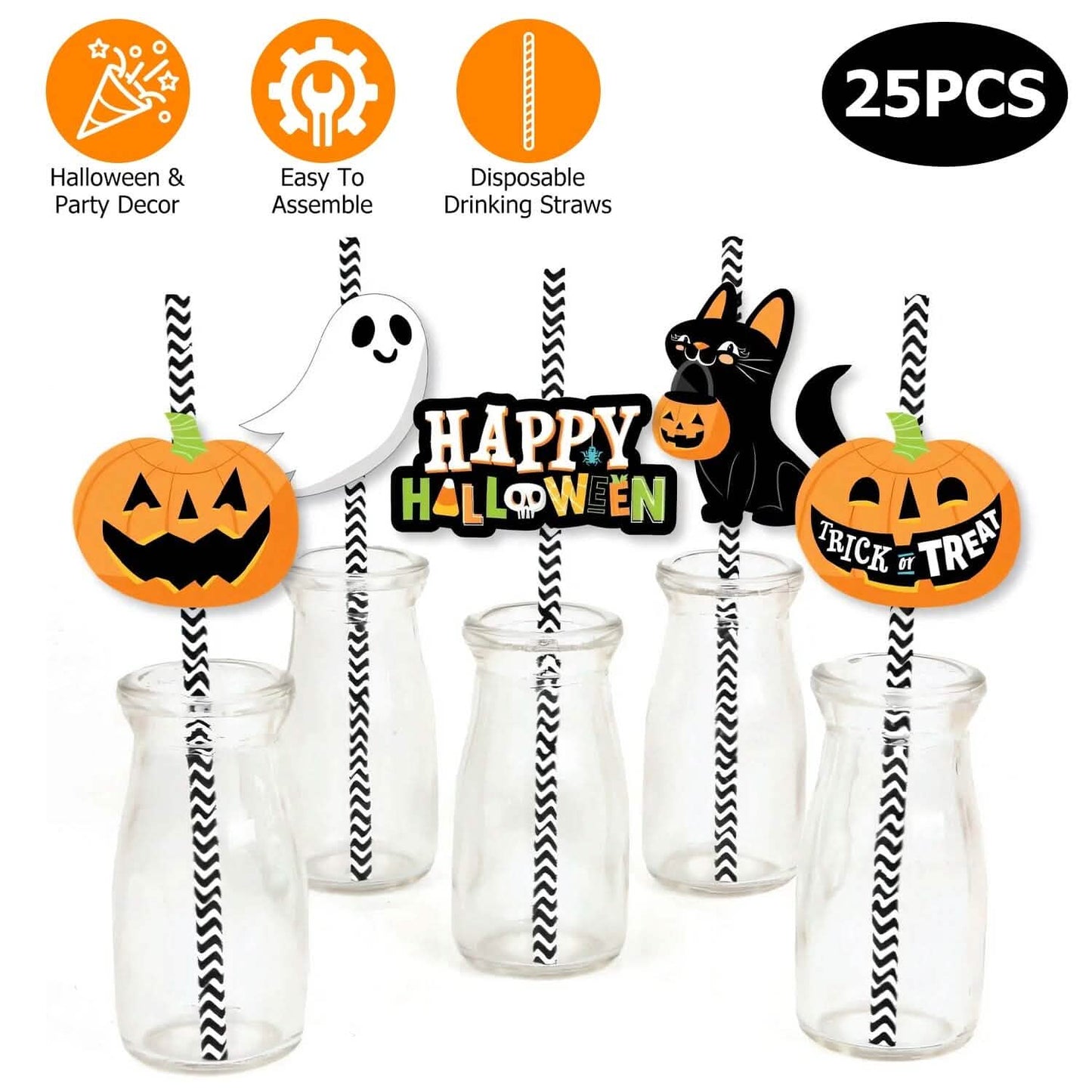24-Pieces: Halloween Party Striped Decorative Paper Straws