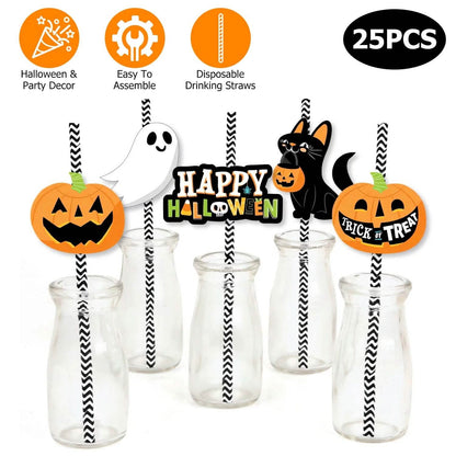 24-Pieces: Halloween Party Striped Decorative Paper Straws