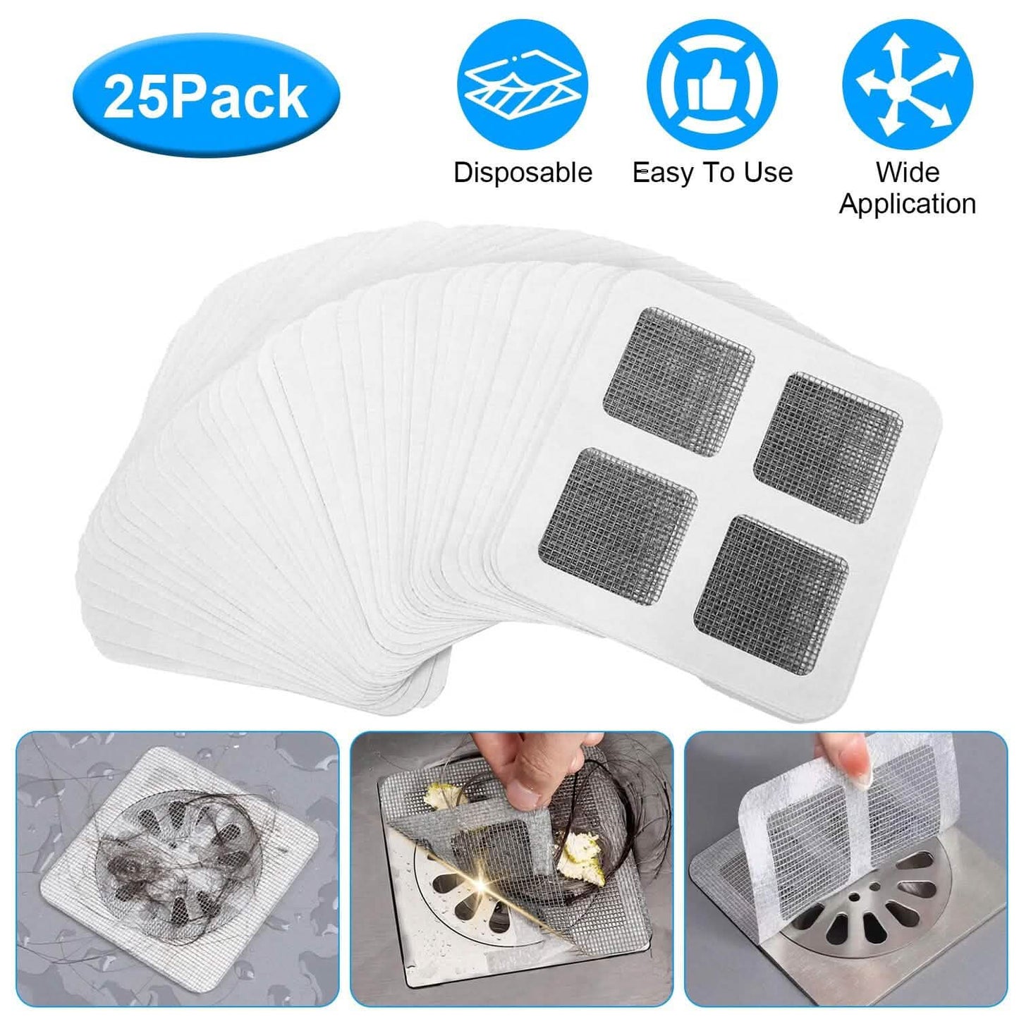 25-Pack:  3.94 x 3.94" Disposable Floor Drain Sticker Hair Catcher