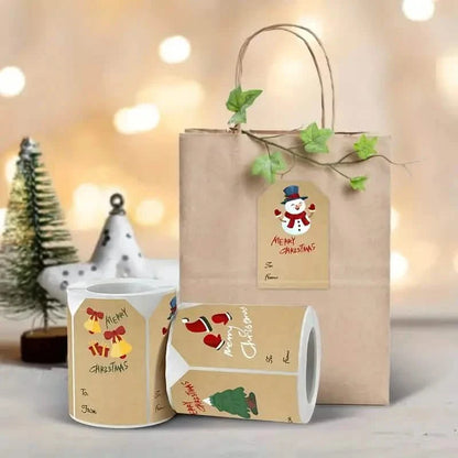 250 Pieces/Roll Christmas Stickers - 2x3 Kraft Paper Tree Socks Snowman Elk Merry Christmas